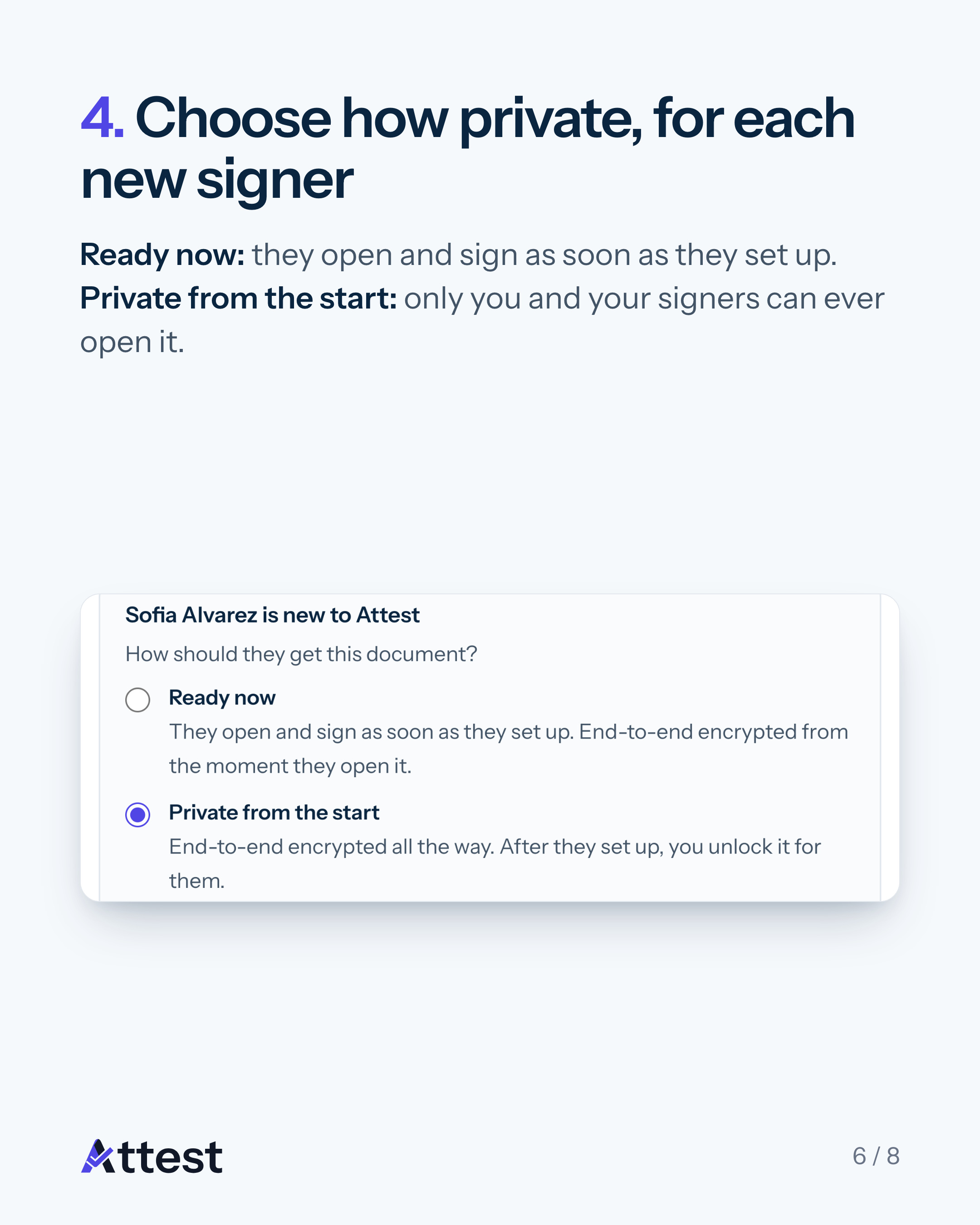 Slide 6 of 8. 4. Choose how private, for each new signer. Ready now: they open and sign as soon as they set up. Private from the start: only you and your signers can ever open it.