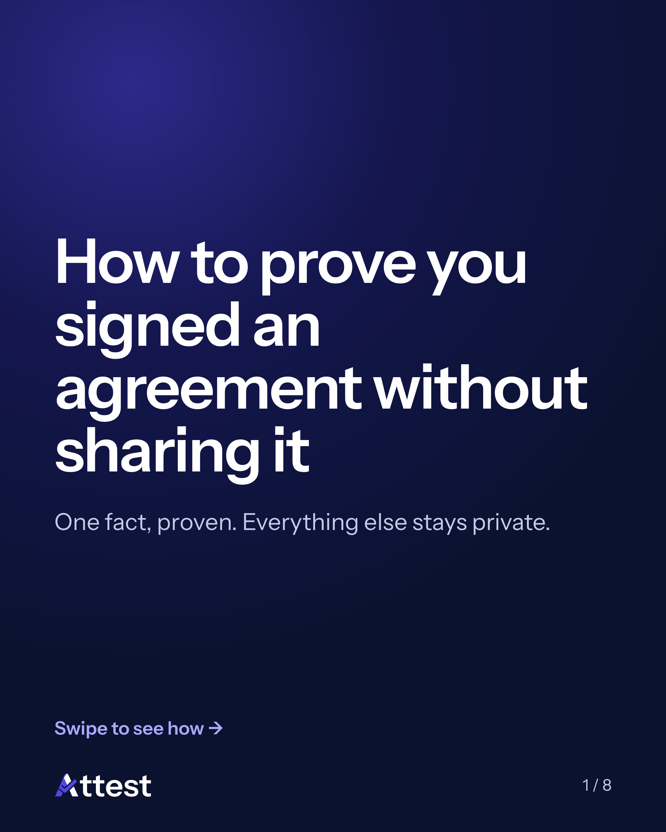 Slide 1 of 8. How to prove you signed an agreement without sharing it. One fact, proven. Everything else stays private.