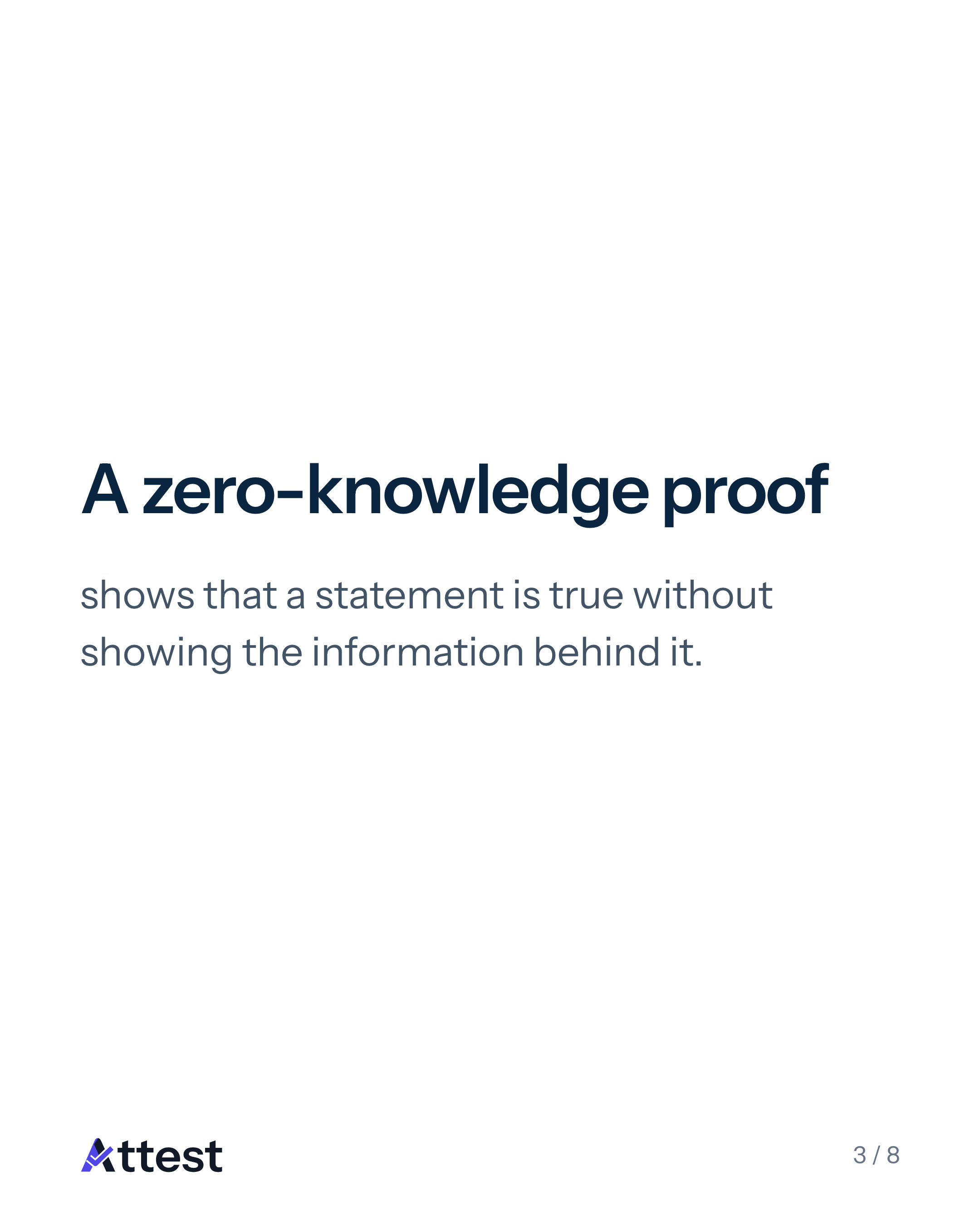 Slide 3 of 8. A zero-knowledge proof. shows that a statement is true without showing the information behind it.