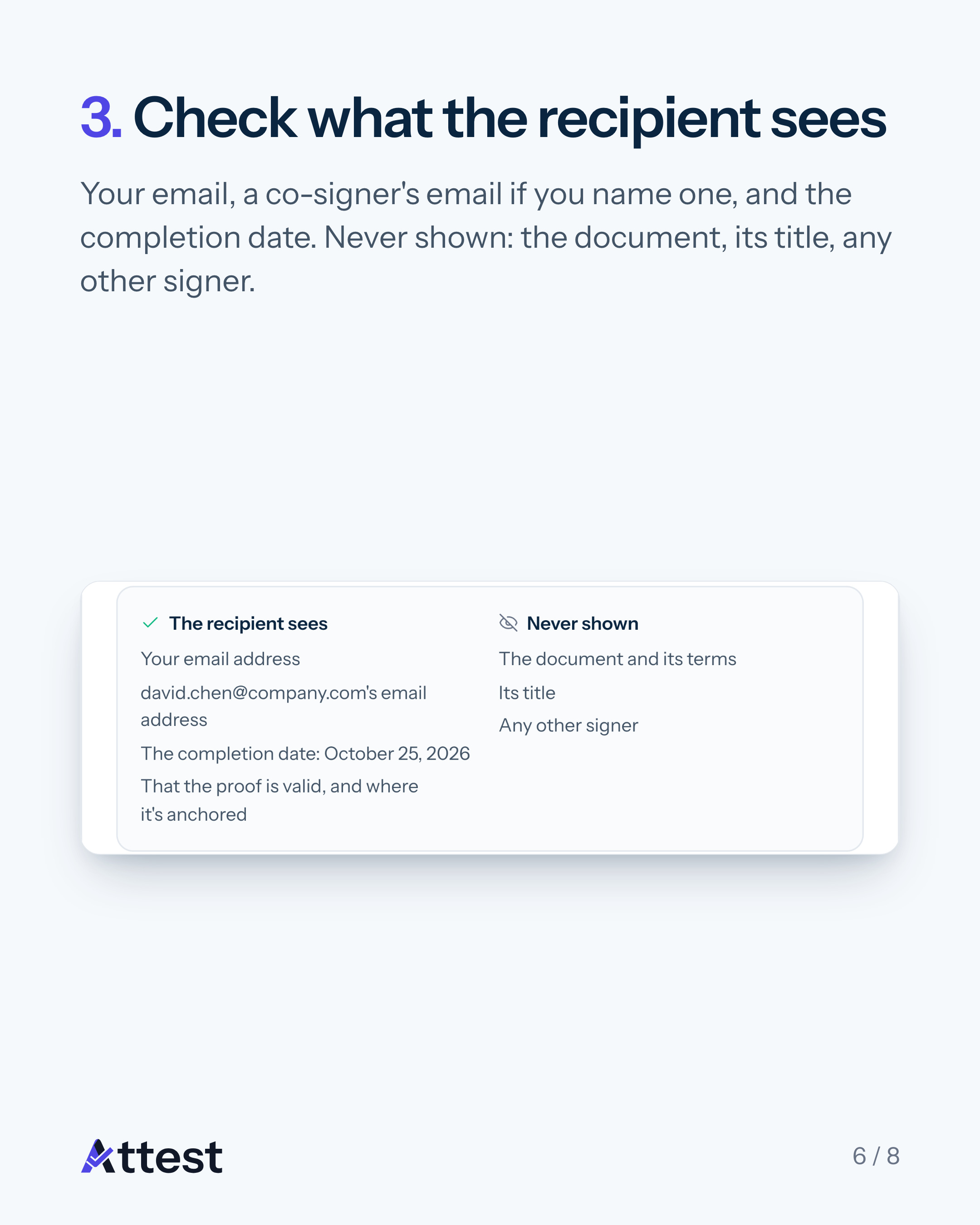 Slide 6 of 8. 3. Check what the recipient sees. Your email, a co-signer's email if you name one, and the completion date. Never shown: the document, its title, any other signer.