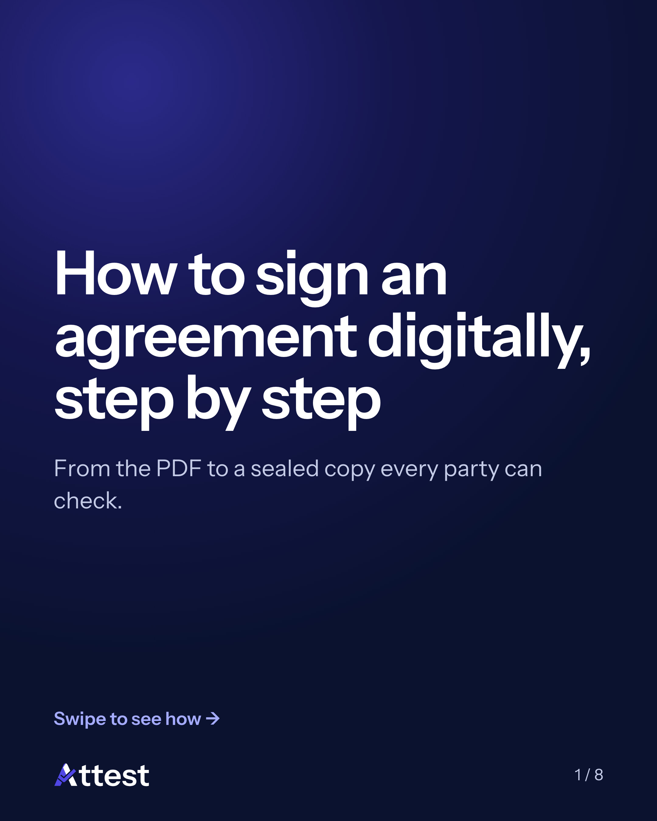 Slide 1 of 8. How to sign an agreement digitally, step by step. From the PDF to a sealed copy every party can check.