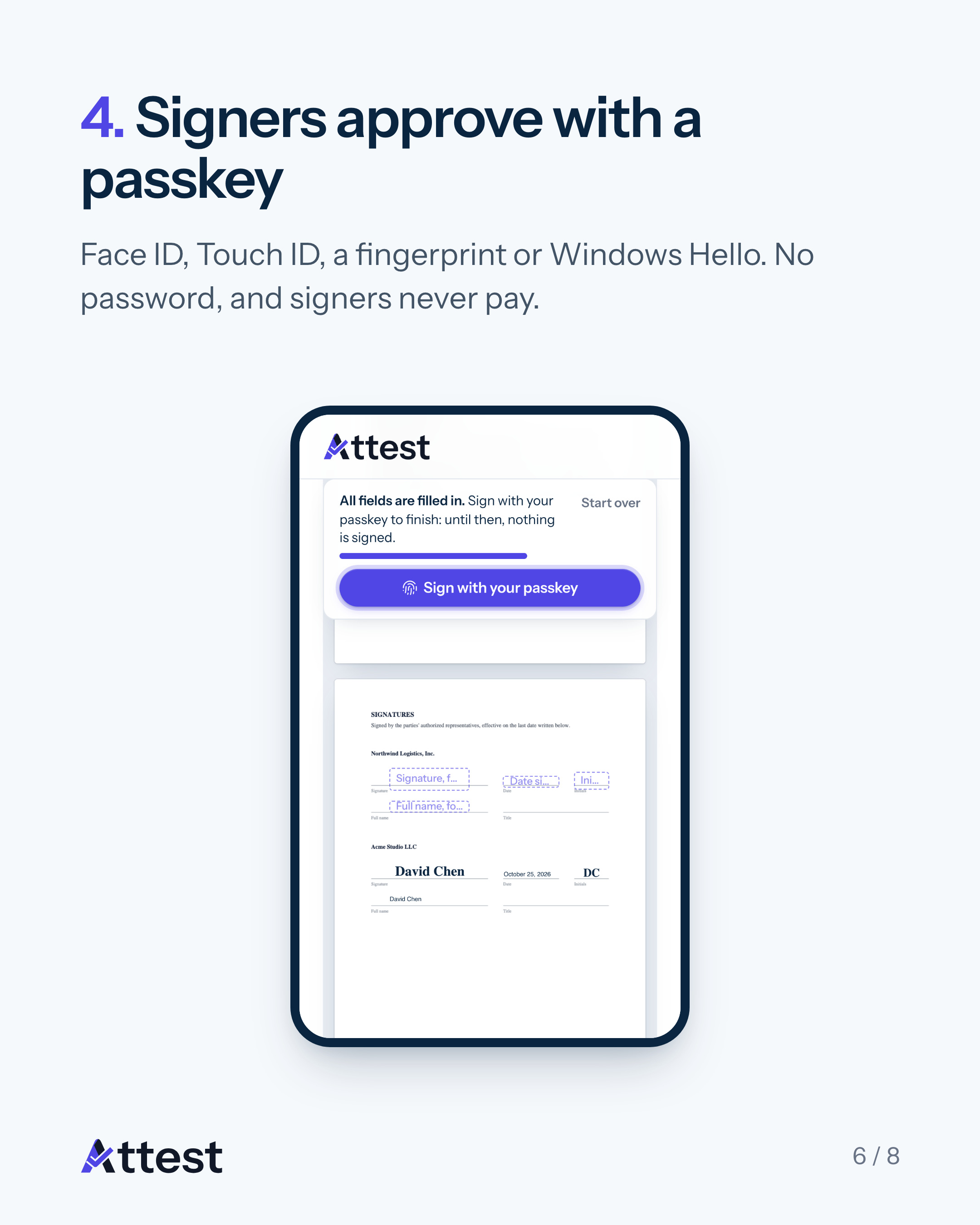 Slide 6 of 8. 4. Signers approve with a passkey. Face ID, Touch ID, a fingerprint or Windows Hello. No password, and signers never pay.
