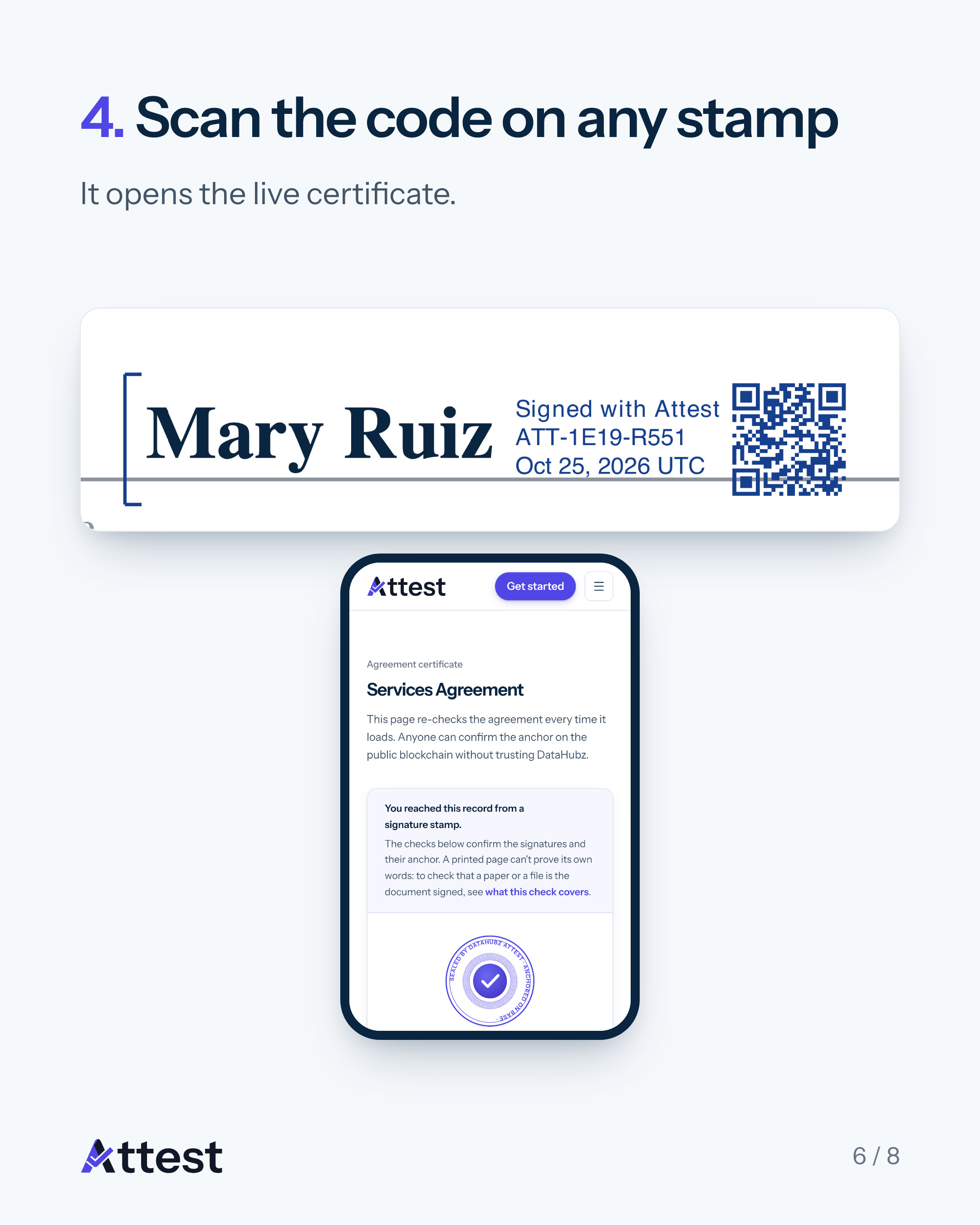 Slide 6 of 8. 4. Scan the code on any stamp. It opens the live certificate.